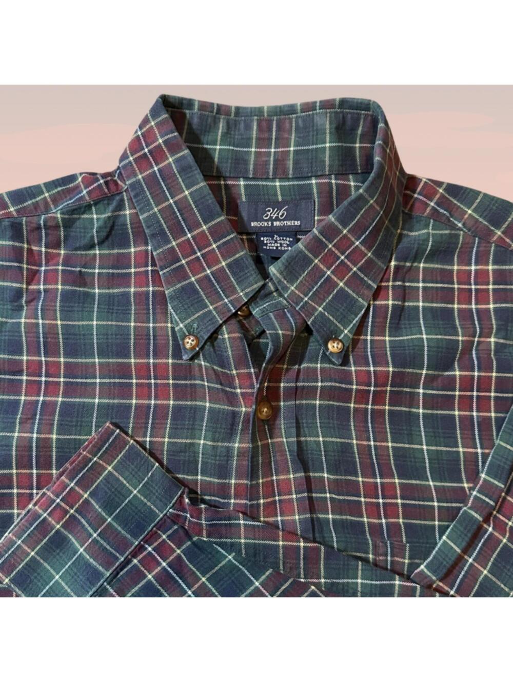 Vintage brooks brothers 346 L wool cotton button down shirt green red plaid